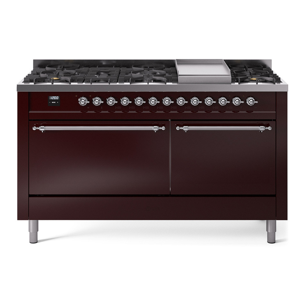 ILVE UP60FQNMPBUCLP Nostalgie II 60 inch Dual Fuel Range with 5.8 cu. ft. Total Double Oven Capacity (9 Sealed Burners + Griddle, Liquid Propane, Solid Door, Burgundy, Chrome) 1 UP60FQNMPBUCLP