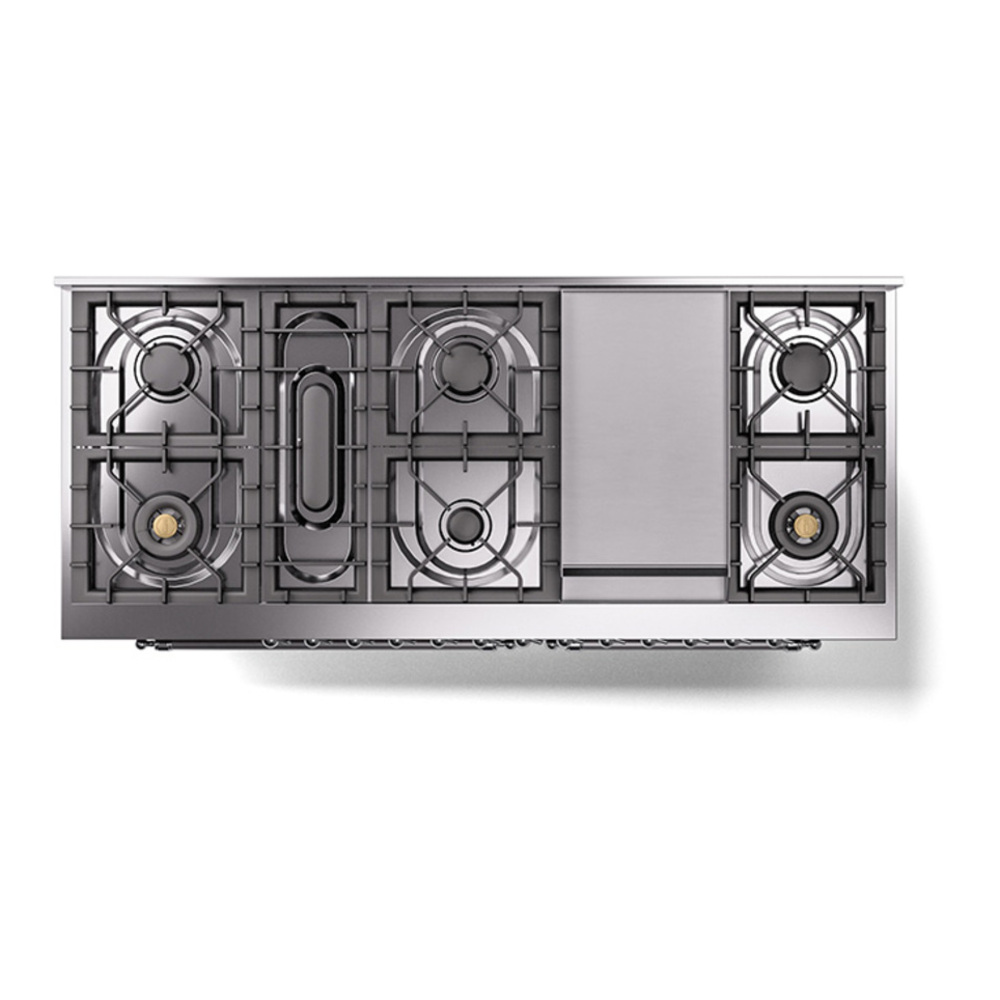 ILVE UP60FQNMPBUCLP Nostalgie II 60 inch Dual Fuel Range with 5.8 cu. ft. Total Double Oven Capacity (9 Sealed Burners + Griddle, Liquid Propane, Solid Door, Burgundy, Chrome) 6 ILVE_UP60FQNMPBUCLP_Nostalgie_II_Dual_Fuel_Range_top_view