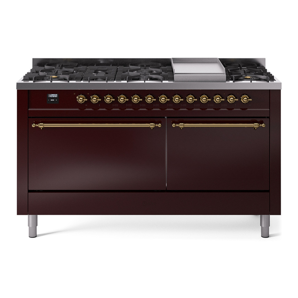 ILVE UP60FQNMPBUGLP Nostalgie II 60 inch Dual Fuel Range with 5.8 cu. ft. Total Double Oven Capacity (9 Sealed Burners + Griddle, Liquid Propane, Solid Door, Burgundy, Brass) 1 UP60FQNMPBUGLP