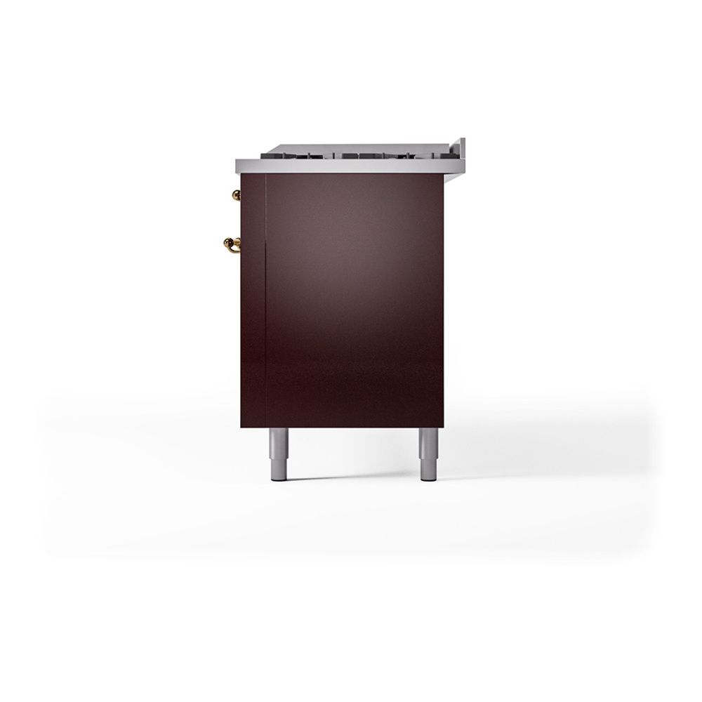 ILVE UP60FQNMPBUGLP Nostalgie II 60 inch Dual Fuel Range with 5.8 cu. ft. Total Double Oven Capacity (9 Sealed Burners + Griddle, Liquid Propane, Solid Door, Burgundy, Brass) 8 ILVE_UP60FQNMPBUGLP_Nostalgie_II_Dual_Fuel_Range_Right_Angle