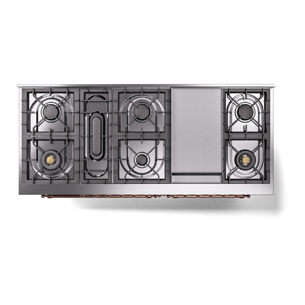 ILVE UP60FQNMPBUPLP Nostalgie II 60 inch Dual Fuel Range with 5.8 cu. ft. Total Double Oven Capacity (9 Sealed Burners + Griddle, Liquid Propane, Solid Door, Burgundy, Copper) 6 ILVE_UP60FQNMPBUPLP_Nostalgie_II_Dual_Fuel_Range_top_view