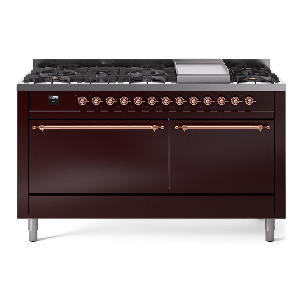 ILVE UP60FQNMPBUP Nostalgie II 60 inch Dual Fuel Range with 5.8 cu. ft. Total Double Oven Capacity (9 Sealed Burners + Griddle, Natural Gas, Solid Door, Burgundy, Copper) 1 UP60FQNMPBUP