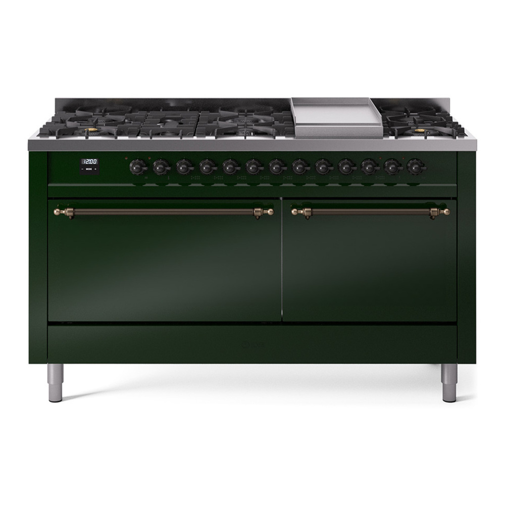 ILVE UP60FQNMPEGBLP Nostalgie II 60 inch Dual Fuel Range with 5.8 cu. ft. Total Double Oven Capacity (9 Sealed Burners + Griddle, Liquid Propane, Solid Door, Emerald Green, Burnished) 1 UP60FQNMPEGBLP