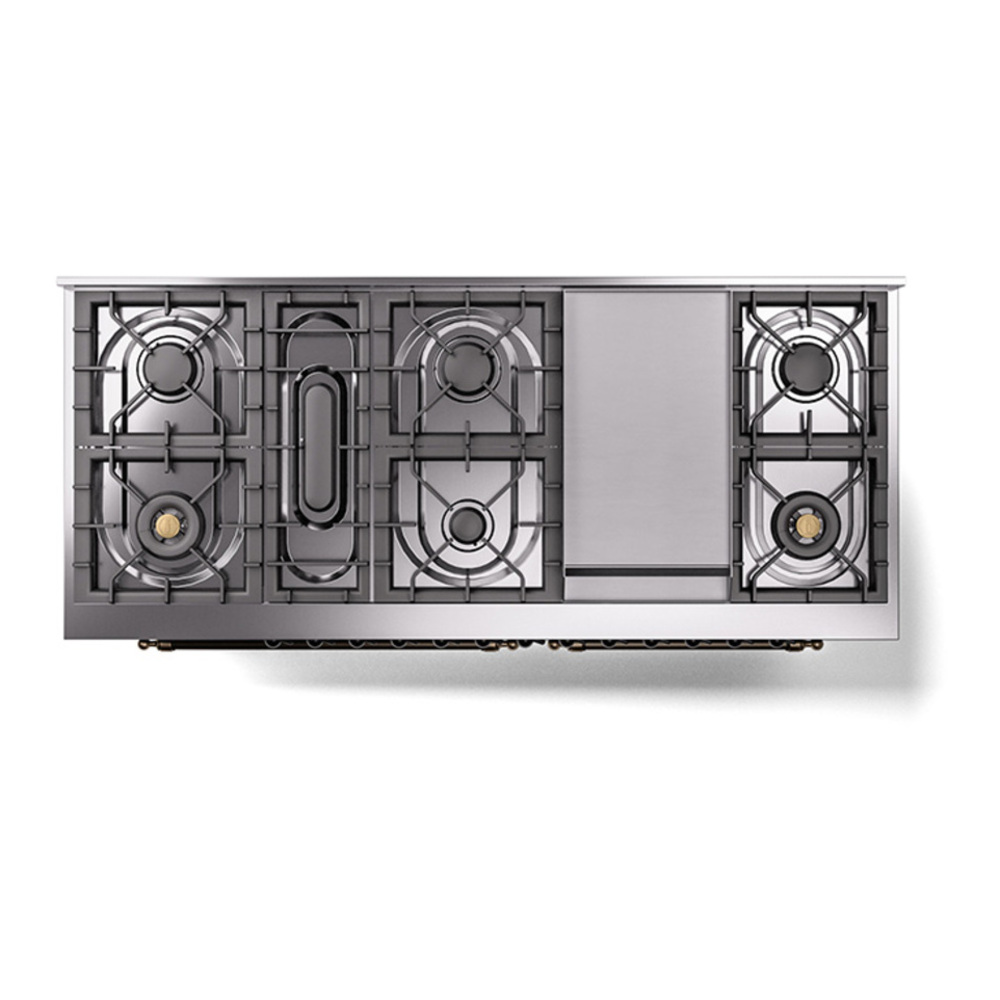 ILVE UP60FQNMPEGB Nostalgie II 60 inch Dual Fuel Range with 5.8 cu. ft. Total Double Oven Capacity (9 Sealed Burners + Griddle, Natural Gas, Solid Door, Emerald Green, Burnished) 6 ILVE_UP60FQNMPEGB_Nostalgie_II_Dual_Fuel_Range_top_view