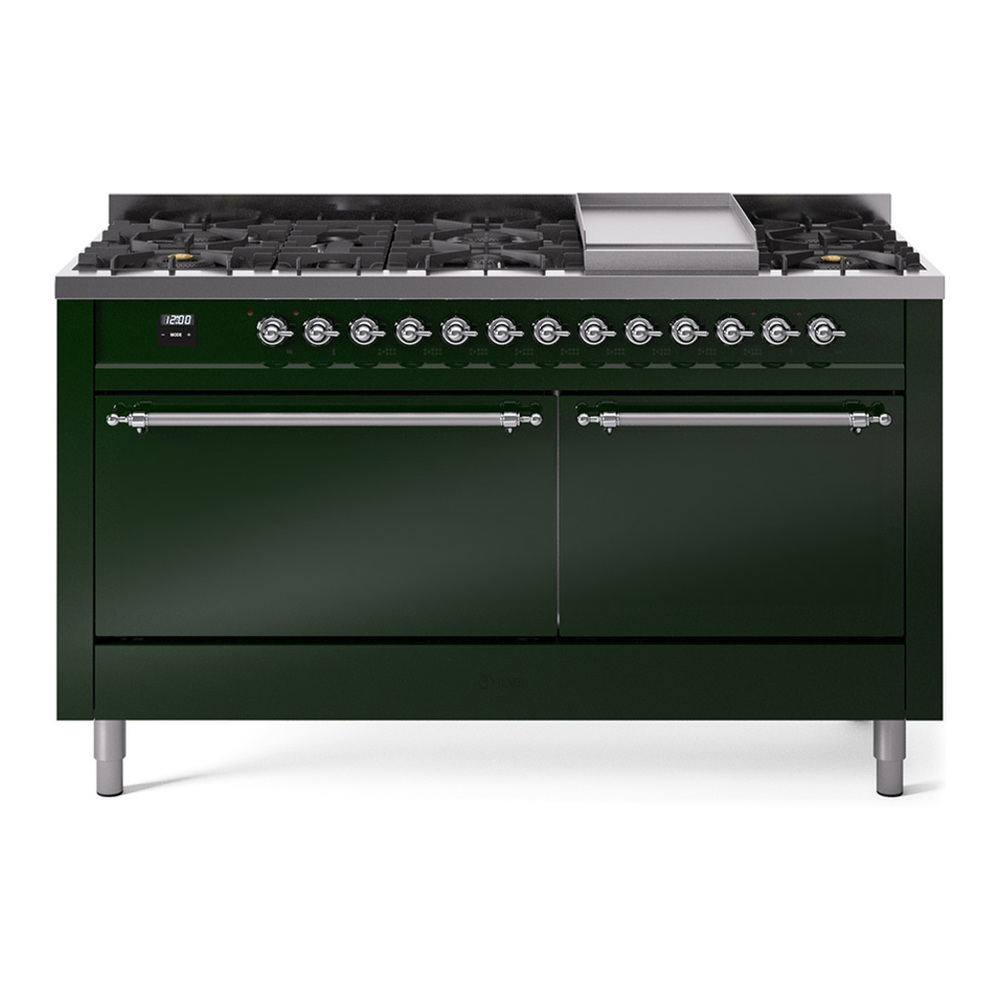 ILVE UP60FQNMPEGCLP Nostalgie II 60 inch Dual Fuel Range with 5.8 cu. ft. Total Double Oven Capacity (9 Sealed Burners + Griddle, Liquid Propane, Solid Door, Emerald Green, Chrome) 1 UP60FQNMPEGCLP