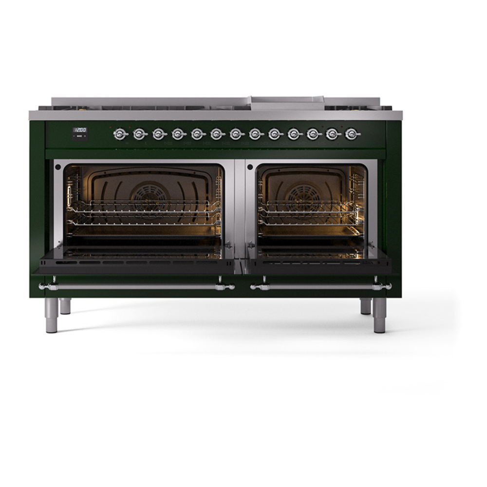 ILVE UP60FQNMPEGCLP Nostalgie II 60 inch Dual Fuel Range with 5.8 cu. ft. Total Double Oven Capacity (9 Sealed Burners + Griddle, Liquid Propane, Solid Door, Emerald Green, Chrome) 5 ILVE_UP60FQNMPEGCLP_Nostalgie_II_Dual_Fuel_Range_oven_door_opened