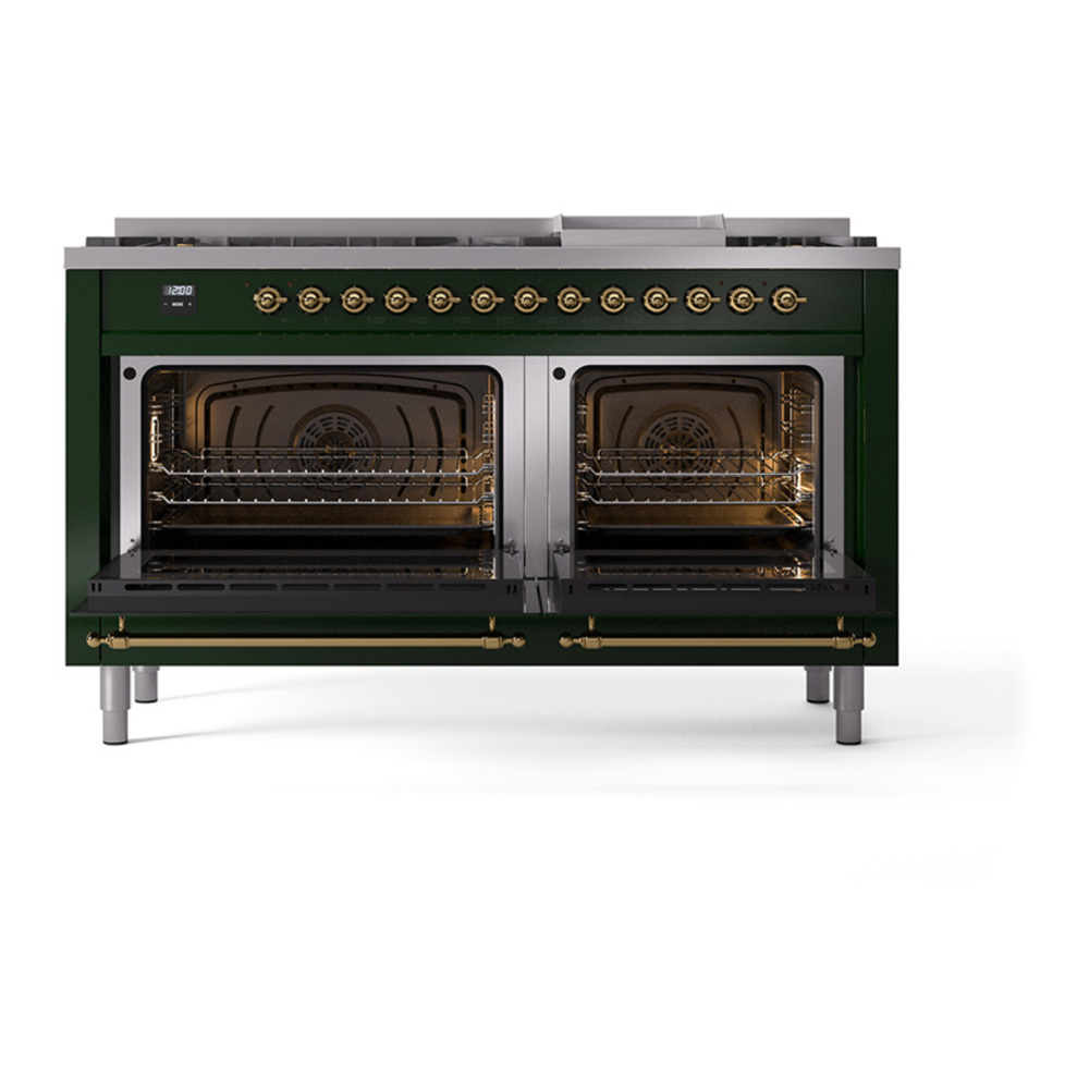 ILVE UP60FQNMPEGGLP Nostalgie II 60 inch Dual Fuel Range with 5.8 cu. ft. Total Double Oven Capacity (9 Sealed Burners + Griddle, Liquid Propane, Solid Door, Emerald Green, Brass) 5 ILVE_UP60FQNMPEGGLP_Nostalgie_II_Dual_Fuel_Range_oven_door_opened