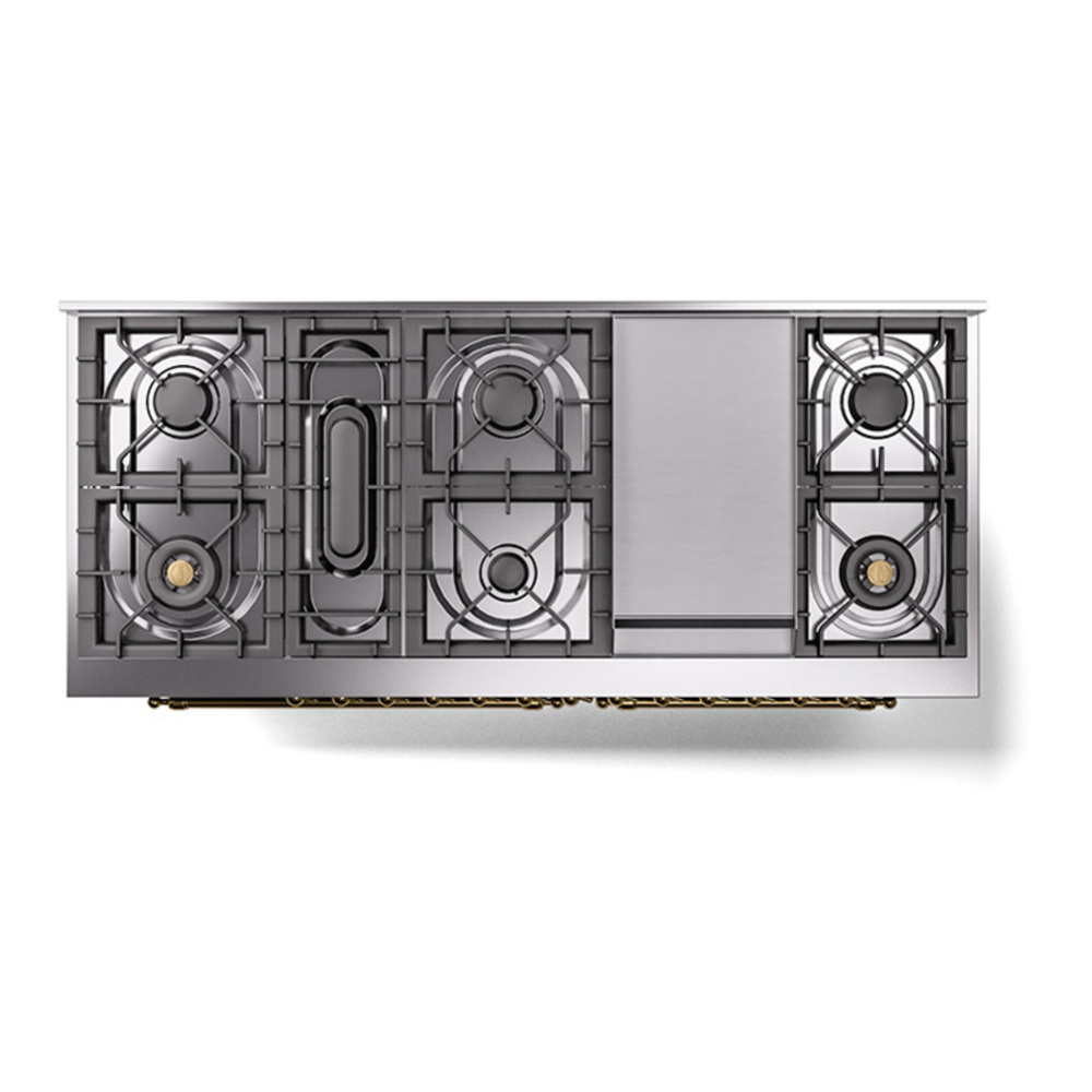 ILVE UP60FQNMPEGGLP Nostalgie II 60 inch Dual Fuel Range with 5.8 cu. ft. Total Double Oven Capacity (9 Sealed Burners + Griddle, Liquid Propane, Solid Door, Emerald Green, Brass) 6 ILVE_UP60FQNMPEGGLP_Nostalgie_II_Dual_Fuel_Range_top_view