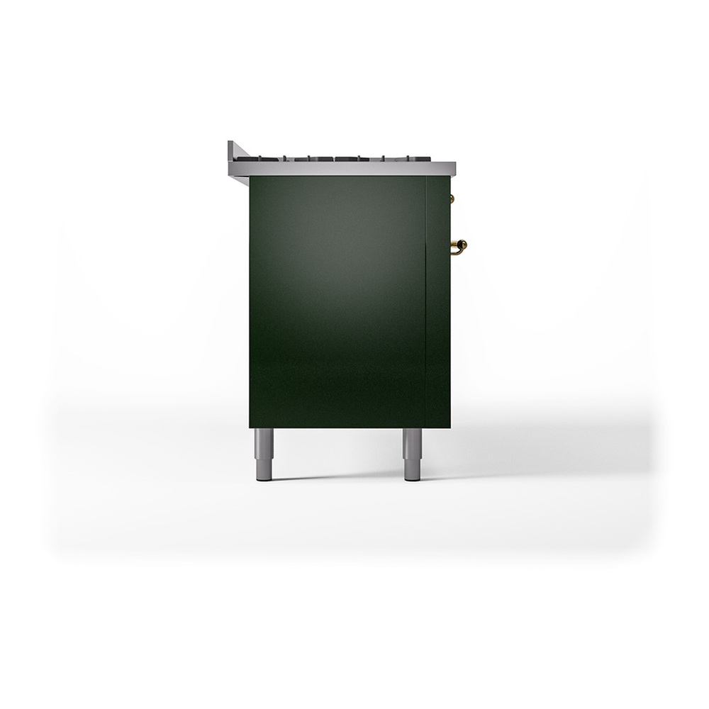 ILVE UP60FQNMPEGGLP Nostalgie II 60 inch Dual Fuel Range with 5.8 cu. ft. Total Double Oven Capacity (9 Sealed Burners + Griddle, Liquid Propane, Solid Door, Emerald Green, Brass) 7 ILVE_UP60FQNMPEGGLP_Nostalgie_II_Dual_Fuel_Range_Left_Angle
