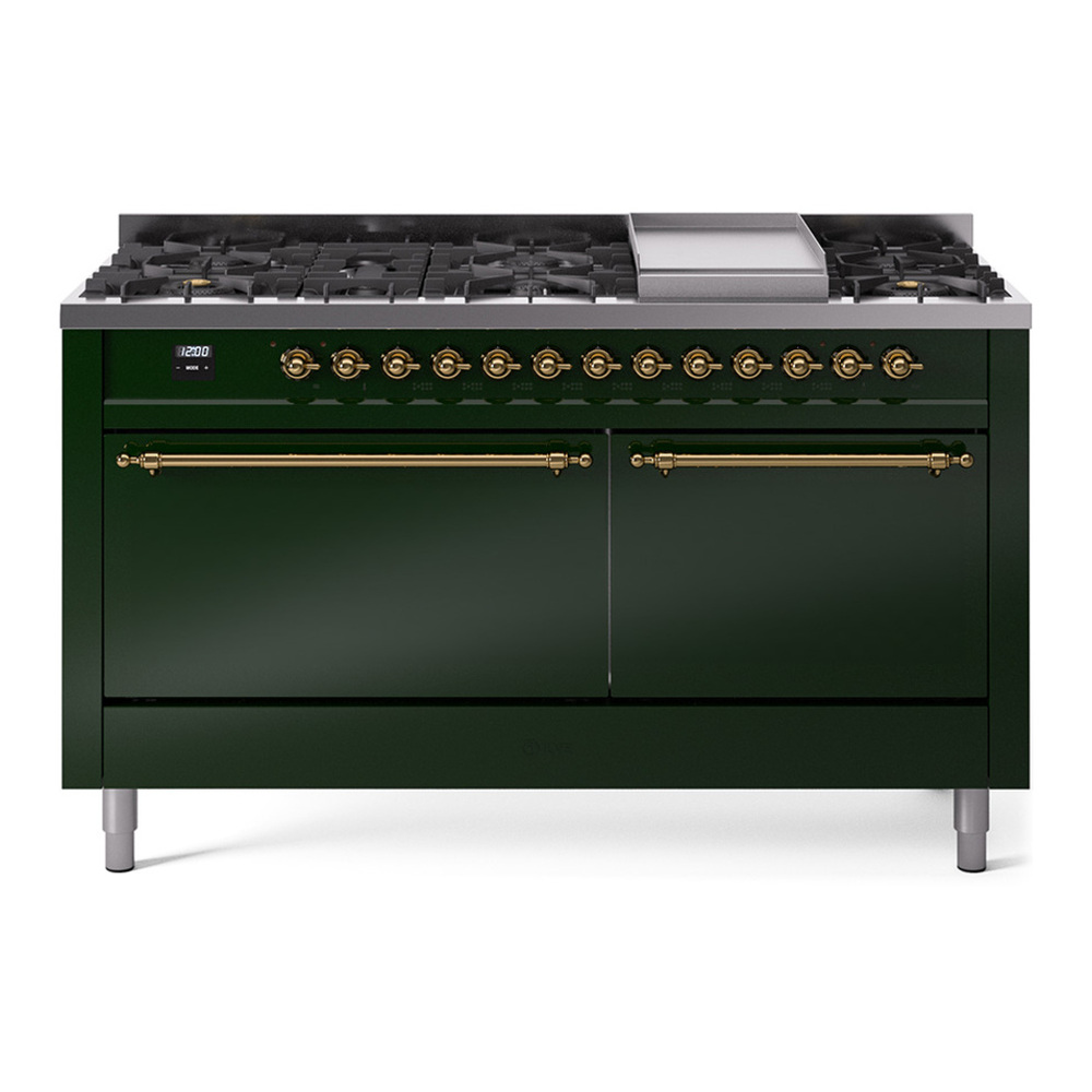 ILVE UP60FQNMPEGG Nostalgie II 60 inch Dual Fuel Range with 5.8 cu. ft. Total Double Oven Capacity (9 Sealed Burners + Griddle, Natural Gas, Solid Door, Emerald Green, Brass) 1 UP60FQNMPEGG