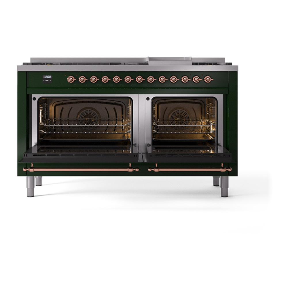 ILVE UP60FQNMPEGPLP Nostalgie II 60 inch Dual Fuel Range with 5.8 cu. ft. Total Double Oven Capacity (9 Sealed Burners + Griddle, Liquid Propane, Solid Door, Emerald Green, Copper) 5 ILVE_UP60FQNMPEGPLP_Nostalgie_II_Dual_Fuel_Range_oven_door_opened