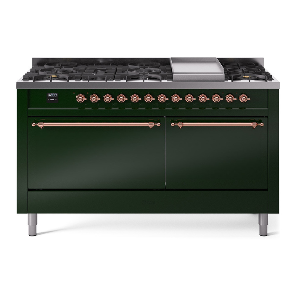 ILVE UP60FQNMPEGP Nostalgie II 60 inch Dual Fuel Range with 5.8 cu. ft. Total Double Oven Capacity (9 Sealed Burners + Griddle, Natural Gas, Solid Door, Emerald Green, Copper) 1 UP60FQNMPEGP