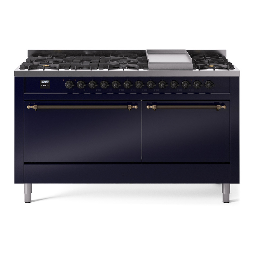 ILVE UP60FQNMPMBBLP Nostalgie II 60 inch Dual Fuel Range with 5.8 cu. ft. Total Double Oven Capacity (9 Sealed Burners + Griddle, Liquid Propane, Solid Door, Midnight Blue, Burnished) 1 UP60FQNMPMBBLP