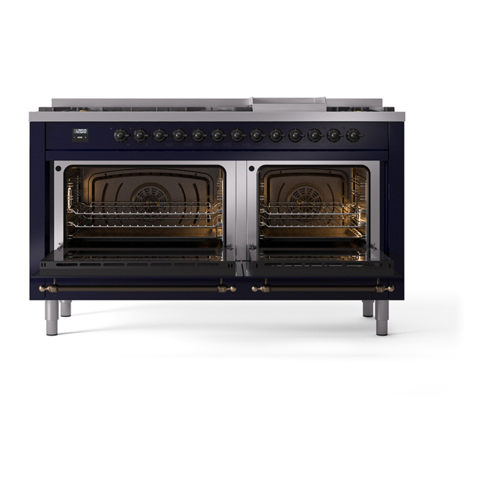 ILVE UP60FQNMPMBBLP Nostalgie II 60 inch Dual Fuel Range with 5.8 cu. ft. Total Double Oven Capacity (9 Sealed Burners + Griddle, Liquid Propane, Solid Door, Midnight Blue, Burnished) 5 ILVE_UP60FQNMPMBBLP_Nostalgie_II_Dual_Fuel_Range_oven_door_opened