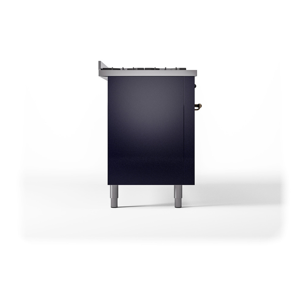 ILVE UP60FQNMPMBBLP Nostalgie II 60 inch Dual Fuel Range with 5.8 cu. ft. Total Double Oven Capacity (9 Sealed Burners + Griddle, Liquid Propane, Solid Door, Midnight Blue, Burnished) 7 ILVE_UP60FQNMPMBBLP_Nostalgie_II_Dual_Fuel_Range_Left_Angle
