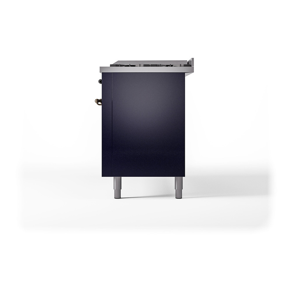ILVE UP60FQNMPMBBLP Nostalgie II 60 inch Dual Fuel Range with 5.8 cu. ft. Total Double Oven Capacity (9 Sealed Burners + Griddle, Liquid Propane, Solid Door, Midnight Blue, Burnished) 8 ILVE_UP60FQNMPMBBLP_Nostalgie_II_Dual_Fuel_Range_Right_Angle