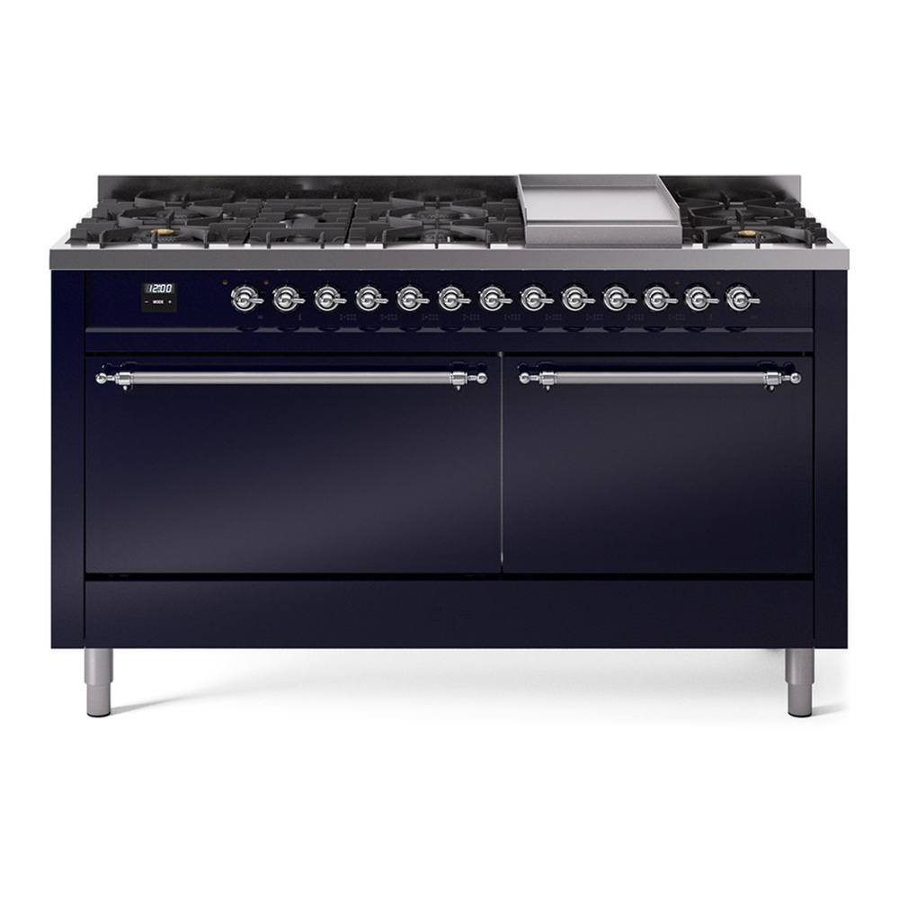 ILVE UP60FQNMPMBCLP Nostalgie II 60 inch Dual Fuel Range with 5.8 cu. ft. Total Double Oven Capacity (9 Sealed Burners + Griddle, Liquid Propane, Solid Door, Midnight Blue, Chrome) 1 UP60FQNMPMBCLP