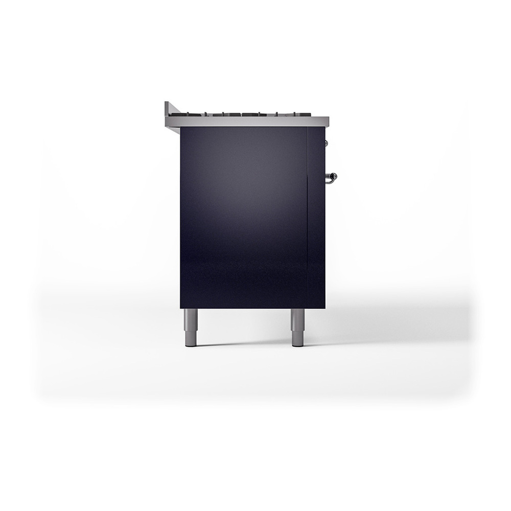 ILVE UP60FQNMPMBC Nostalgie II 60 inch Dual Fuel Range with 5.8 cu. ft. Total Double Oven Capacity (9 Sealed Burners + Griddle, Natural Gas, Solid Door, Midnight Blue, Chrome) 7 ILVE_UP60FQNMPMBC_Nostalgie_II_Dual_Fuel_Range_Left_Angle