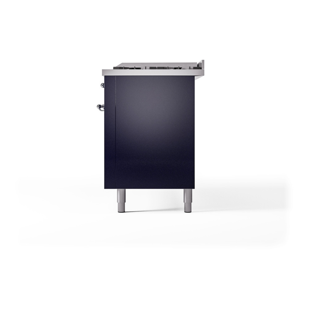 ILVE UP60FQNMPMBC Nostalgie II 60 inch Dual Fuel Range with 5.8 cu. ft. Total Double Oven Capacity (9 Sealed Burners + Griddle, Natural Gas, Solid Door, Midnight Blue, Chrome) 8 ILVE_UP60FQNMPMBC_Nostalgie_II_Dual_Fuel_Range_Right_Angle