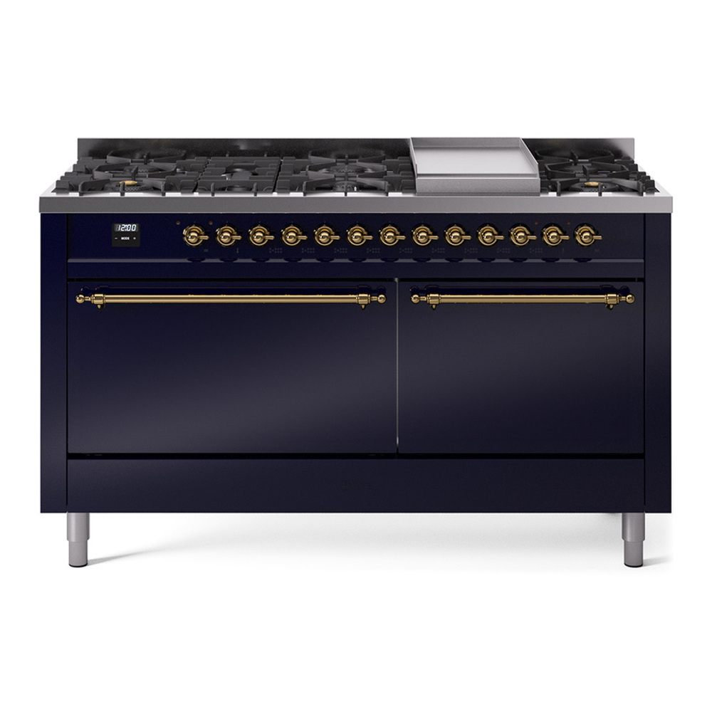 ILVE UP60FQNMPMBGLP Nostalgie II 60 inch Dual Fuel Range with 5.8 cu. ft. Total Double Oven Capacity (9 Sealed Burners + Griddle, Liquid Propane, Solid Door, Midnight Blue, Brass) 1 UP60FQNMPMBGLP