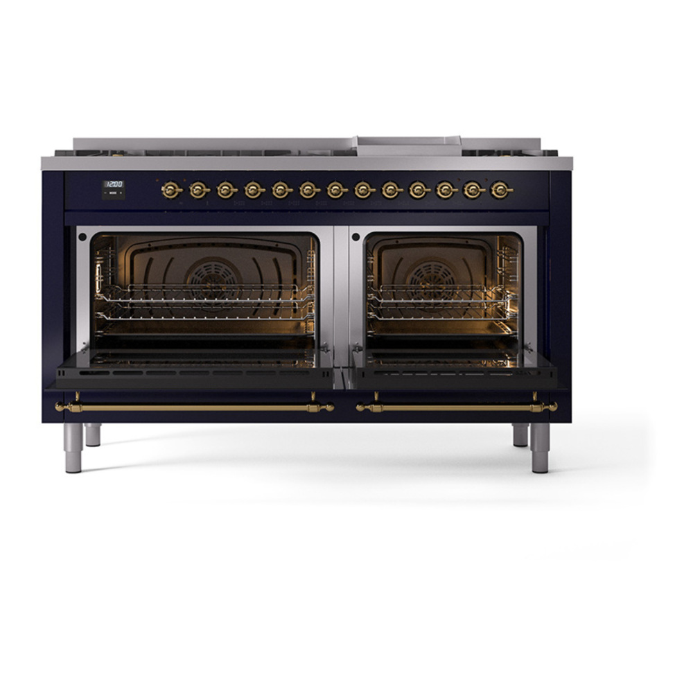 ILVE UP60FQNMPMBGLP Nostalgie II 60 inch Dual Fuel Range with 5.8 cu. ft. Total Double Oven Capacity (9 Sealed Burners + Griddle, Liquid Propane, Solid Door, Midnight Blue, Brass) 5 ILVE UP60F Nostalgie II 60" Dual Fuel Rangeav