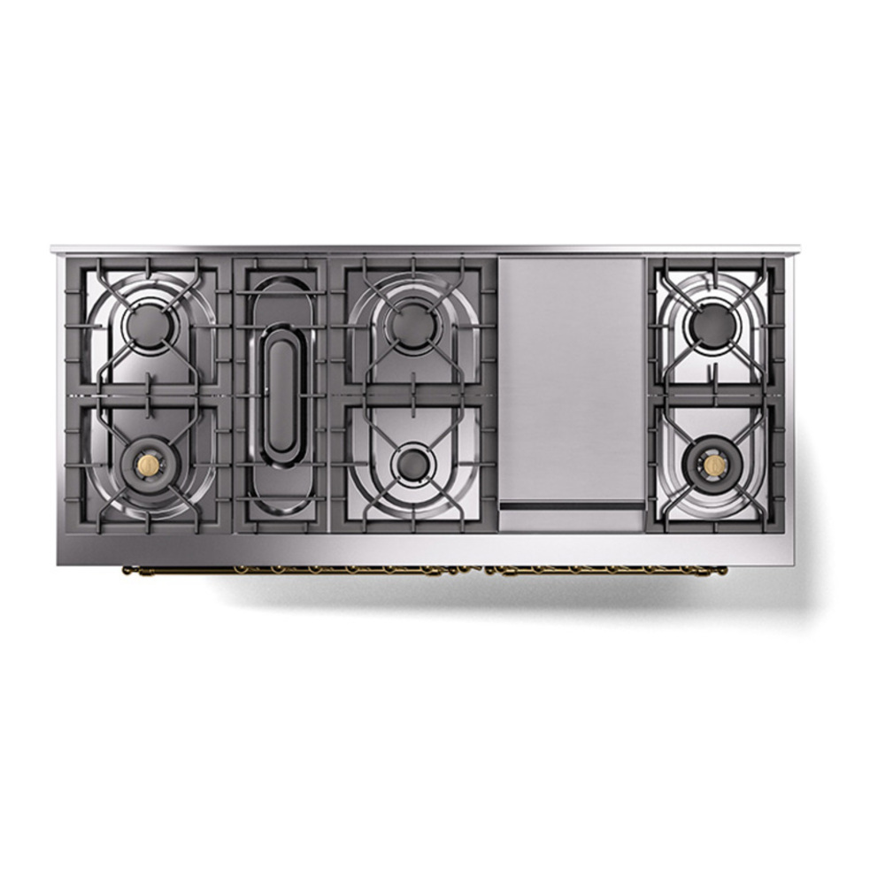 ILVE UP60FQNMPMBGLP Nostalgie II 60 inch Dual Fuel Range with 5.8 cu. ft. Total Double Oven Capacity (9 Sealed Burners + Griddle, Liquid Propane, Solid Door, Midnight Blue, Brass) 6 ILVE_UP60FQNMPMBGLP_Nostalgie_II_Dual_Fuel_Range_top_view