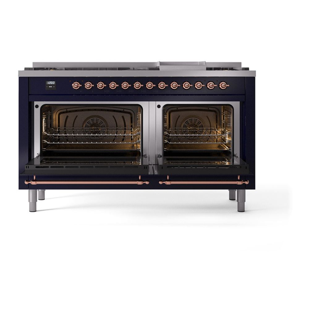 ILVE UP60FQNMPMBPLP Nostalgie II 60 inch Dual Fuel Range with 5.8 cu. ft. Total Double Oven Capacity (9 Sealed Burners + Griddle, Liquid Propane, Solid Door, Midnight Blue, Copper) 5 ILVE_UP60FQNMPMBPLP_Nostalgie_II_Dual_Fuel_Range_oven_door_opened