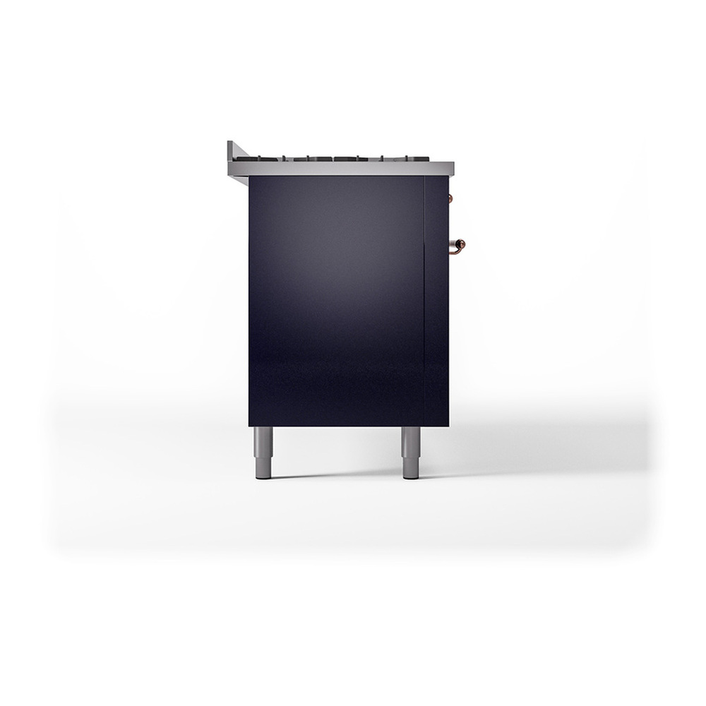 ILVE UP60FQNMPMBPLP Nostalgie II 60 inch Dual Fuel Range with 5.8 cu. ft. Total Double Oven Capacity (9 Sealed Burners + Griddle, Liquid Propane, Solid Door, Midnight Blue, Copper) 7 ILVE_UP60FQNMPMBPLP_Nostalgie_II_Dual_Fuel_Range_Left_Angle