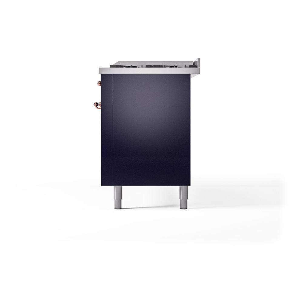 ILVE UP60FQNMPMBPLP Nostalgie II 60 inch Dual Fuel Range with 5.8 cu. ft. Total Double Oven Capacity (9 Sealed Burners + Griddle, Liquid Propane, Solid Door, Midnight Blue, Copper) 8 ILVE_UP60FQNMPMBPLP_Nostalgie_II_Dual_Fuel_Range_Right_Angle