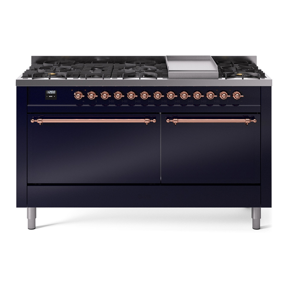 ILVE UP60FQNMPMBP Nostalgie II 60 inch Dual Fuel Range with 5.8 cu. ft. Total Double Oven Capacity (9 Sealed Burners + Griddle, Natural Gas, Solid Door, Midnight Blue, Copper) 1 UP60FQNMPMBP