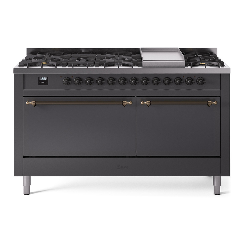 ILVE UP60FQNMPMGBLP Nostalgie II 60 inch Dual Fuel Range with 5.8 cu. ft. Total Double Oven Capacity (9 Sealed Burners + Griddle, Liquid Propane, Solid Door, Graphite Matte, Burnished) 1 UP60FQNMPMGBLP