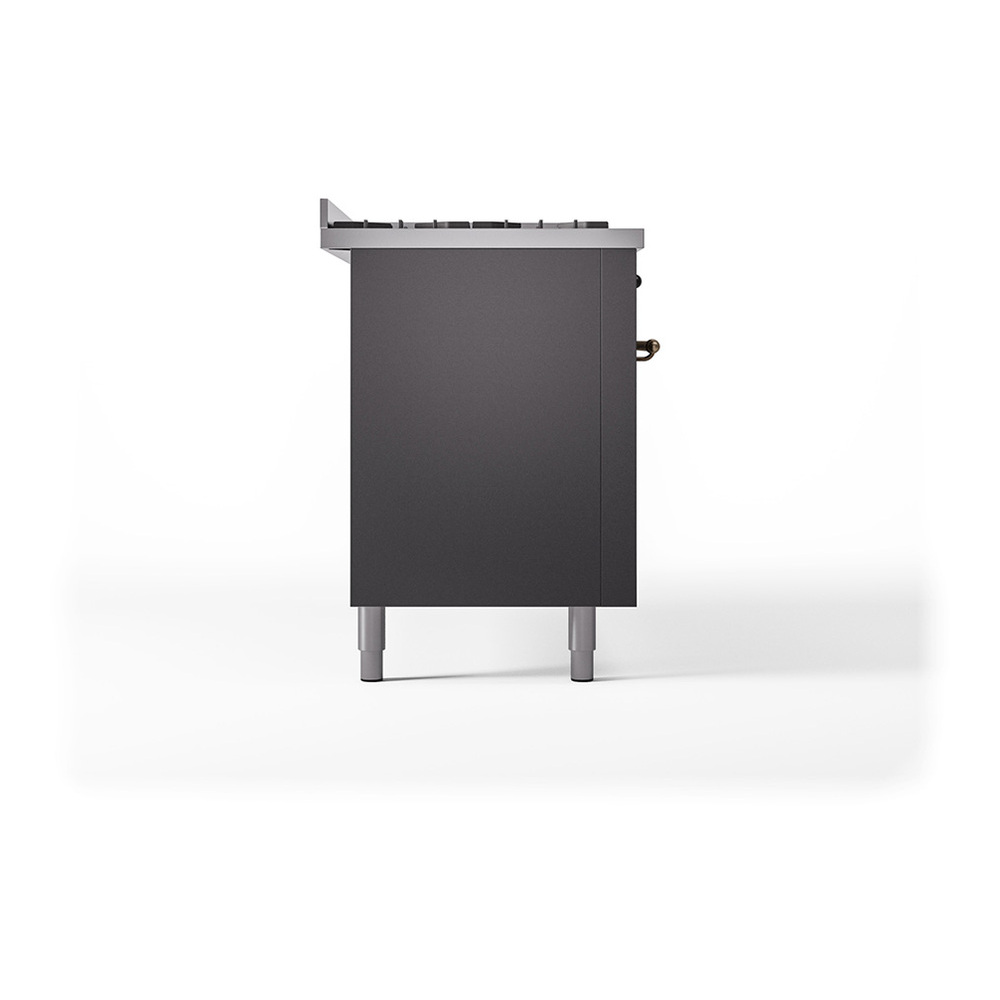 ILVE UP60FQNMPMGBLP Nostalgie II 60 inch Dual Fuel Range with 5.8 cu. ft. Total Double Oven Capacity (9 Sealed Burners + Griddle, Liquid Propane, Solid Door, Graphite Matte, Burnished) 7 ILVE_UP60FQNMPMGBLP_Nostalgie_II_Dual_Fuel_Range_Left_Angle