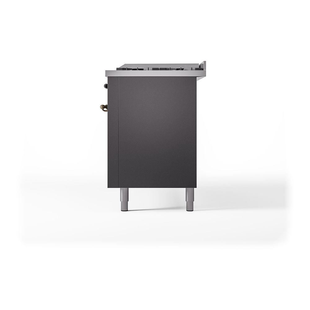 ILVE UP60FQNMPMGBLP Nostalgie II 60 inch Dual Fuel Range with 5.8 cu. ft. Total Double Oven Capacity (9 Sealed Burners + Griddle, Liquid Propane, Solid Door, Graphite Matte, Burnished) 8 ILVE_UP60FQNMPMGBLP_Nostalgie_II_Dual_Fuel_Range_Right_Angle