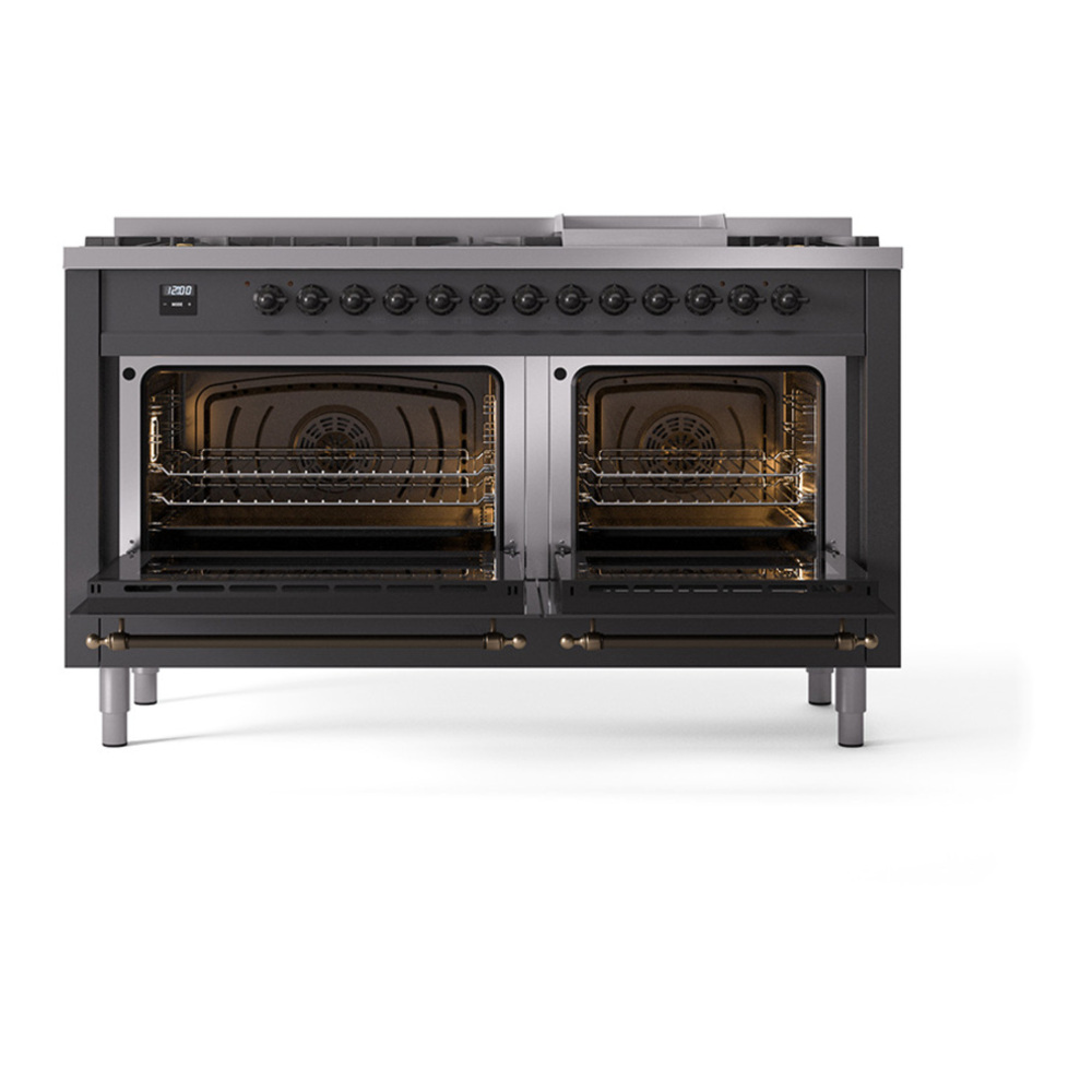 ILVE UP60FQNMPMGB Nostalgie II 60 inch Dual Fuel Range with 5.8 cu. ft. Total Double Oven Capacity (9 Sealed Burners + Griddle, Natural Gas, Solid Door, Graphite Matte, Burnished) 5 ILVE_UP60FQNMPMGB_Nostalgie_II_Dual_Fuel_Range_oven_door_opened