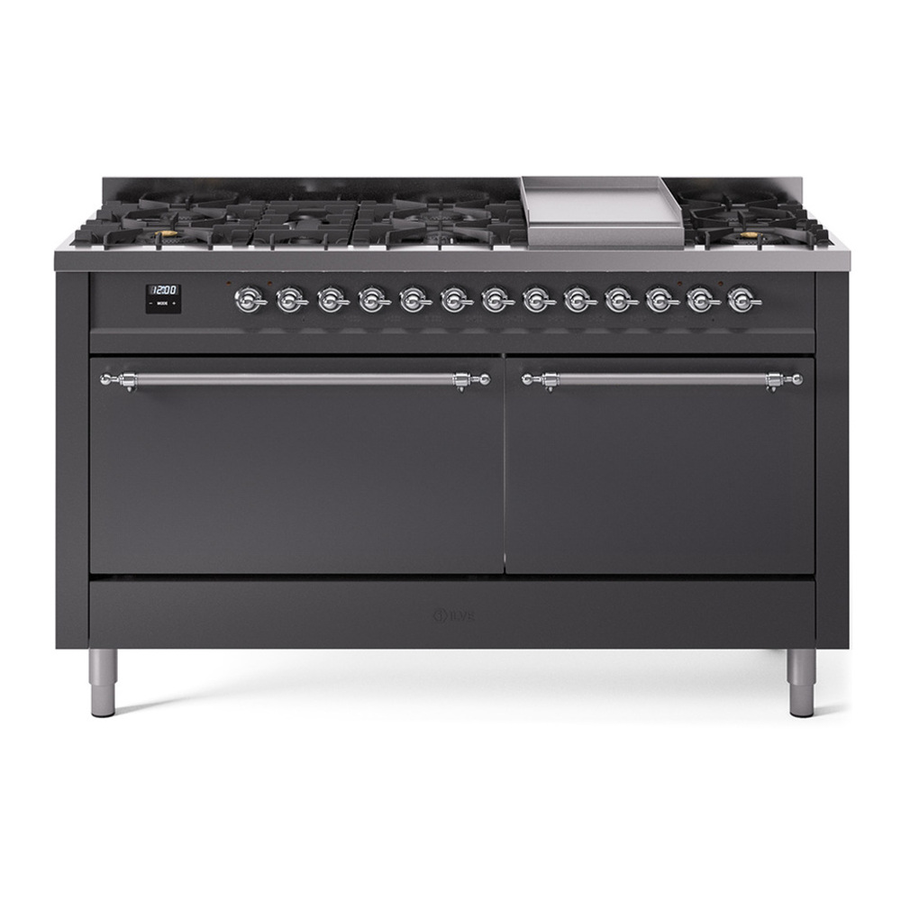 ILVE UP60FQNMPMGCLP Nostalgie II 60 inch Dual Fuel Range with 5.8 cu. ft. Total Double Oven Capacity (9 Sealed Burners + Griddle, Liquid Propane, Solid Door, Graphite Matte, Chrome) 1 UP60FQNMPMGCLP