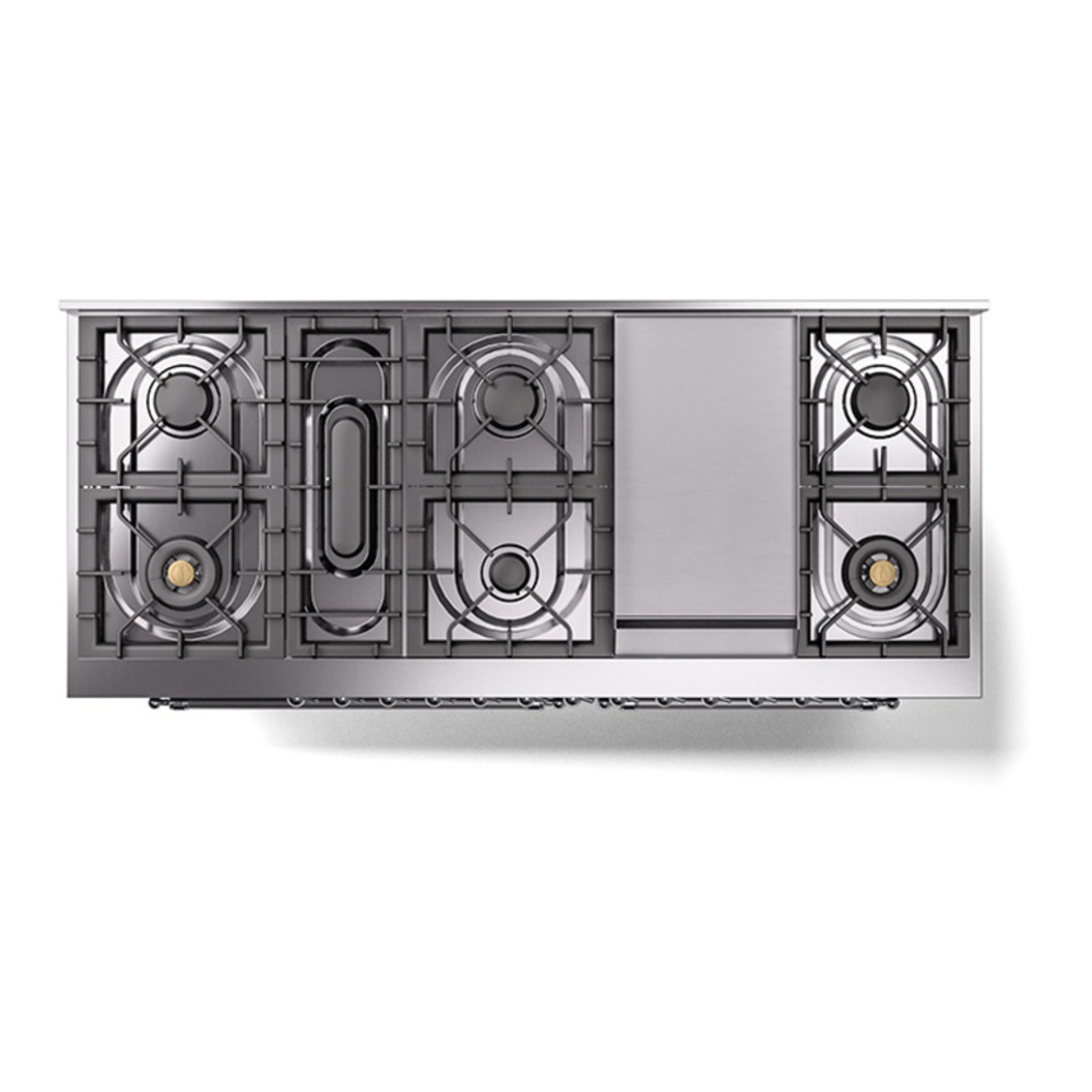 ILVE UP60FQNMPMGC Nostalgie II 60 inch Dual Fuel Range with 5.8 cu. ft. Total Double Oven Capacity (9 Sealed Burners + Griddle, Natural Gas, Solid Door, Graphite Matte, Chrome) 6 ILVE_UP60FQNMPMGC_Nostalgie_II_Dual_Fuel_Range_top_view