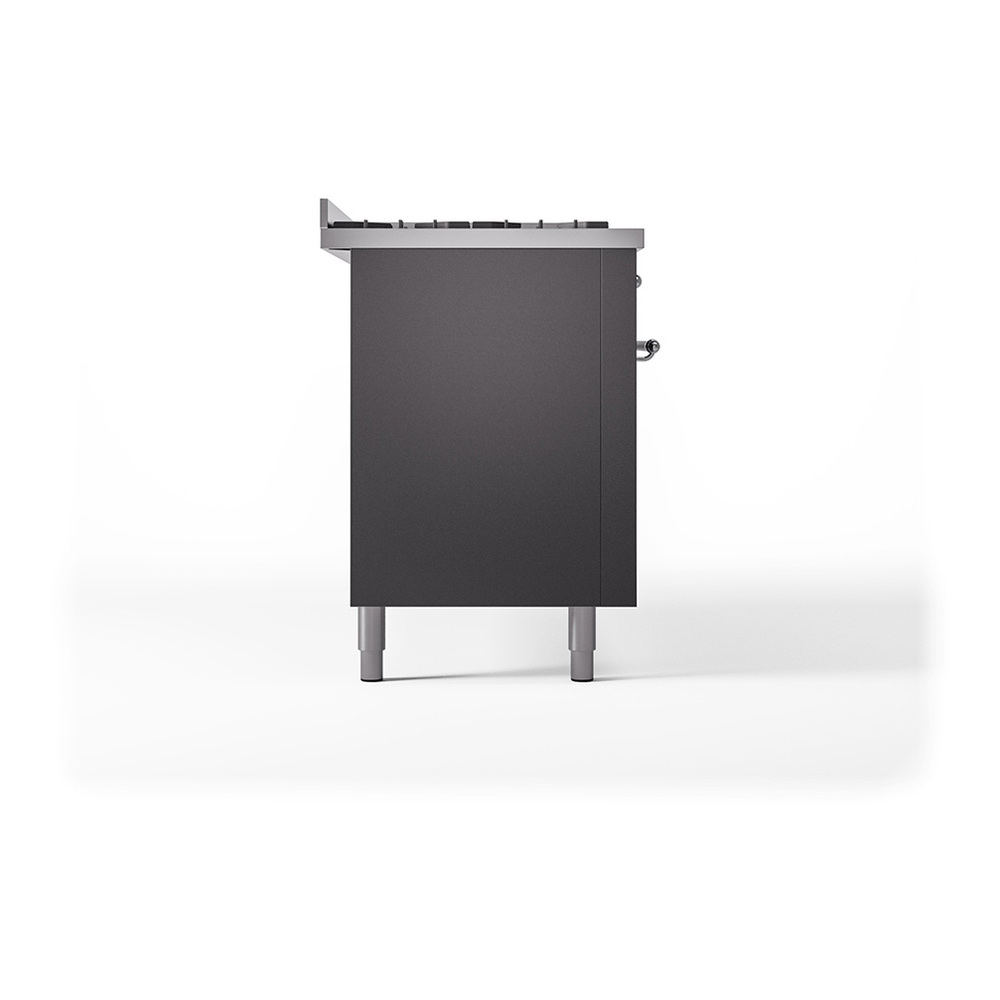 ILVE UP60FQNMPMGC Nostalgie II 60 inch Dual Fuel Range with 5.8 cu. ft. Total Double Oven Capacity (9 Sealed Burners + Griddle, Natural Gas, Solid Door, Graphite Matte, Chrome) 7 ILVE_UP60FQNMPMGC_Nostalgie_II_Dual_Fuel_Range_Left_Angle