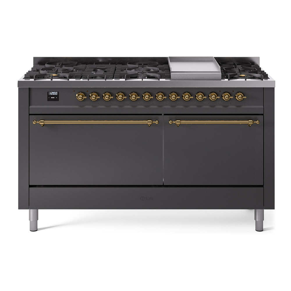 ILVE UP60FQNMPMGGLP Nostalgie II 60 inch Dual Fuel Range with 5.8 cu. ft. Total Double Oven Capacity (9 Sealed Burners + Griddle, Liquid Propane, Solid Door, Graphite Matte, Brass) 1 UP60FQNMPMGGLP
