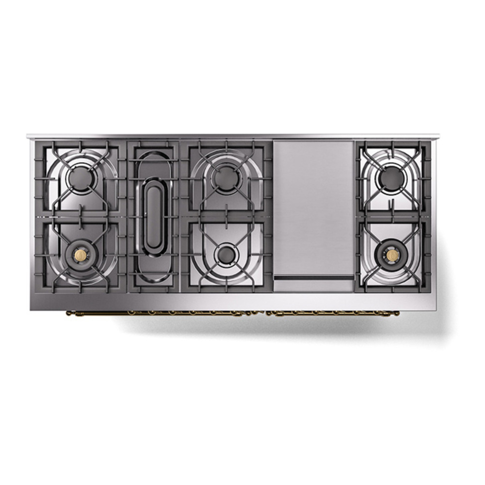 ILVE UP60FQNMPMGGLP Nostalgie II 60 inch Dual Fuel Range with 5.8 cu. ft. Total Double Oven Capacity (9 Sealed Burners + Griddle, Liquid Propane, Solid Door, Graphite Matte, Brass) 6 ILVE_UP60FQNMPMGGLP_Nostalgie_II_Dual_Fuel_Range_top_view