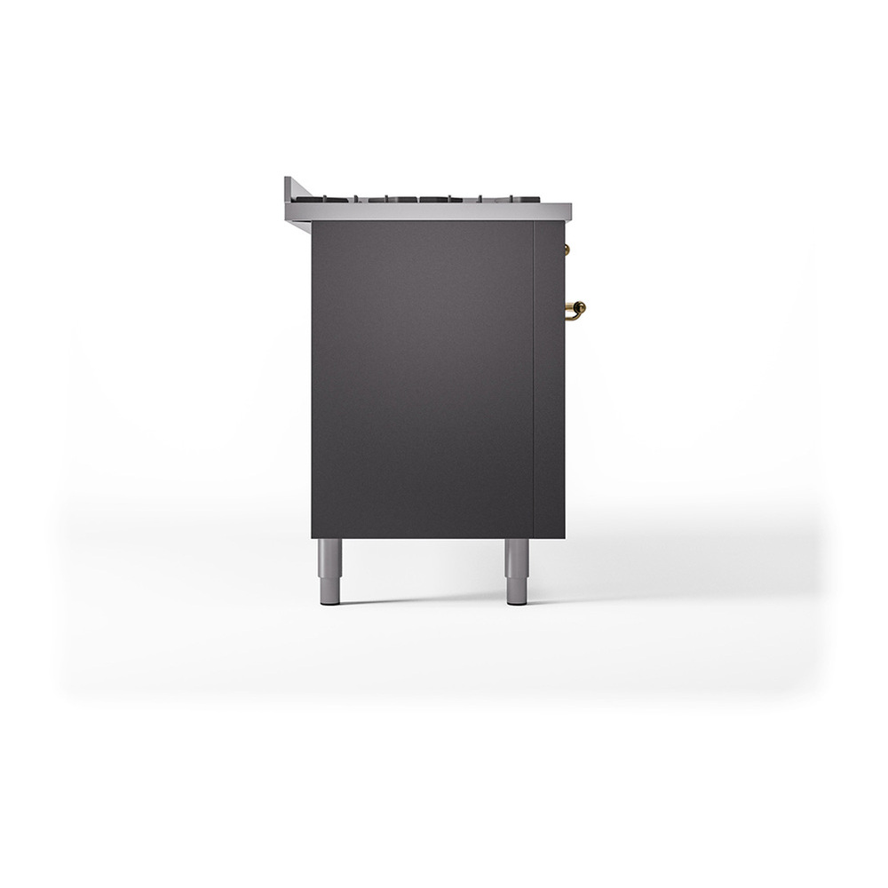 ILVE UP60FQNMPMGGLP Nostalgie II 60 inch Dual Fuel Range with 5.8 cu. ft. Total Double Oven Capacity (9 Sealed Burners + Griddle, Liquid Propane, Solid Door, Graphite Matte, Brass) 7 ILVE_UP60FQNMPMGGLP_Nostalgie_II_Dual_Fuel_Range_Left_Angle