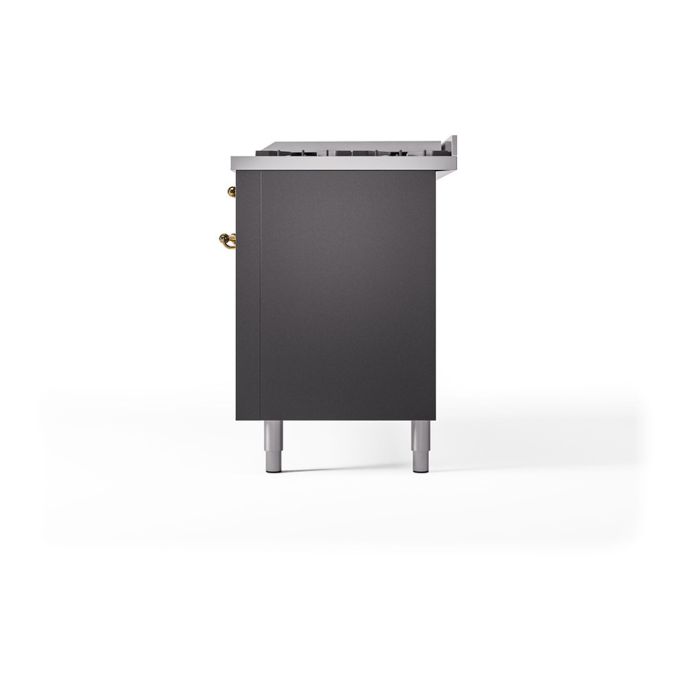 ILVE UP60FQNMPMGG Nostalgie II 60 inch Dual Fuel Range with 5.8 cu. ft. Total Double Oven Capacity (9 Sealed Burners + Griddle, Natural Gas, Solid Door, Graphite Matte, Brass) 8 ILVE_UP60FQNMPMGG_Nostalgie_II_Dual_Fuel_Range_Right_Angle