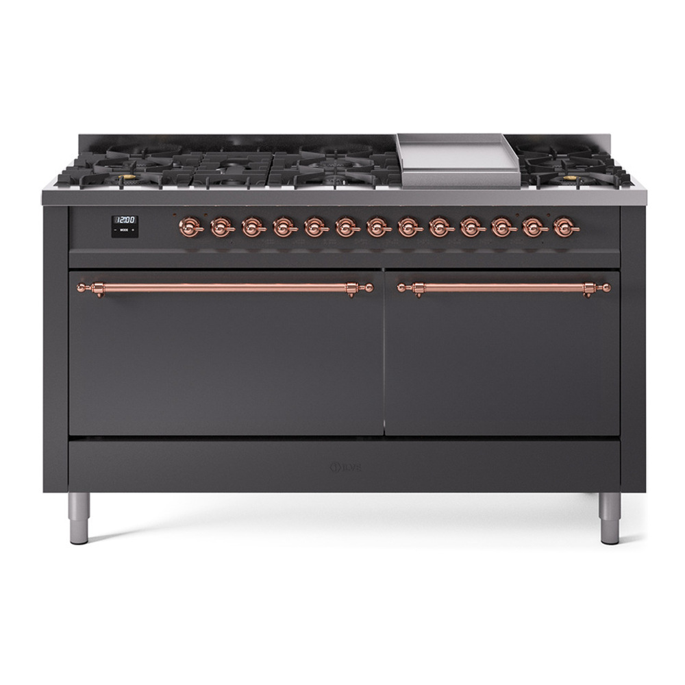 ILVE UP60FQNMPMGPLP Nostalgie II 60 inch Dual Fuel Range with 5.8 cu. ft. Total Double Oven Capacity (9 Sealed Burners + Griddle, Liquid Propane, Solid Door, Graphite Matte, Copper) 1 UP60FQNMPMGPLP