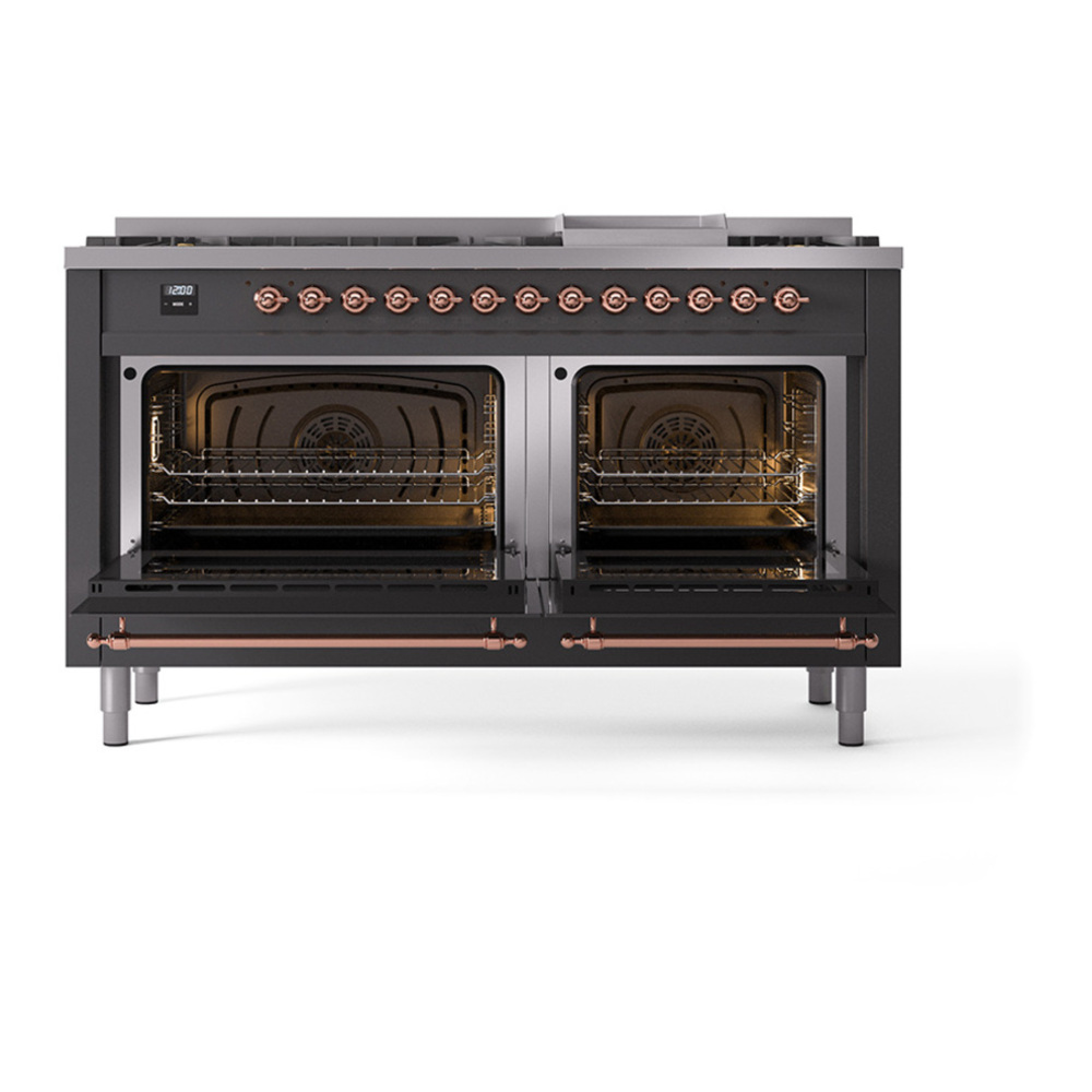 ILVE UP60FQNMPMGP Nostalgie II 60 inch Dual Fuel Range with 5.8 cu. ft. Total Double Oven Capacity (9 Sealed Burners + Griddle, Natural Gas, Solid Door, Graphite Matte, Copper) 5 ILVE_UP60FQNMPMGP_Nostalgie_II_Dual_Fuel_Range_oven_door_opened