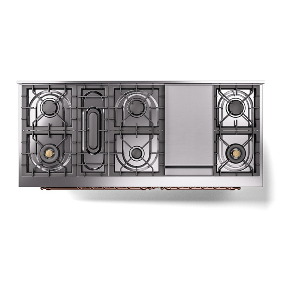 ILVE UP60FQNMPMGP Nostalgie II 60 inch Dual Fuel Range with 5.8 cu. ft. Total Double Oven Capacity (9 Sealed Burners + Griddle, Natural Gas, Solid Door, Graphite Matte, Copper) 6 ILVE_UP60FQNMPMGP_Nostalgie_II_Dual_Fuel_Range_top_view