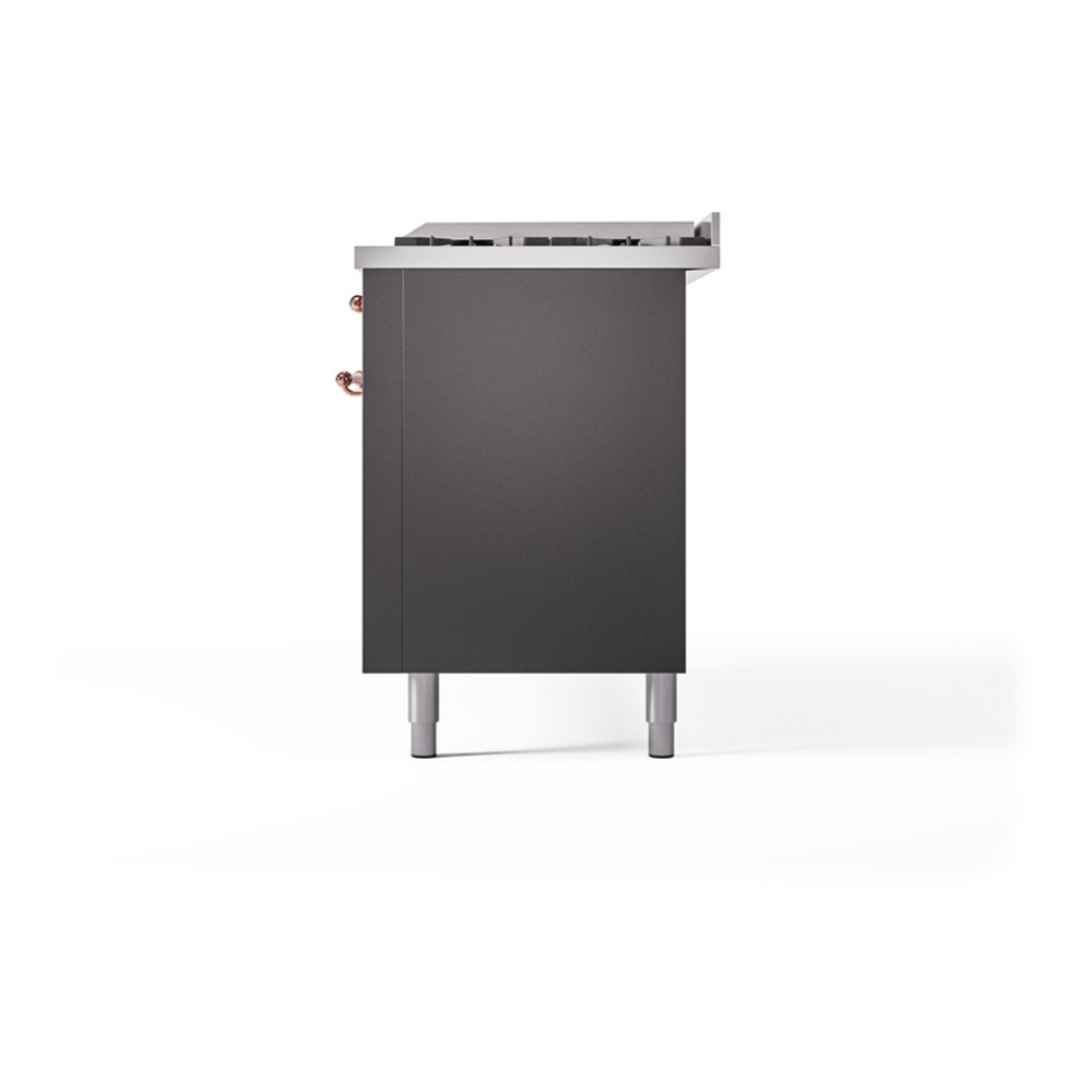 ILVE UP60FQNMPMGP Nostalgie II 60 inch Dual Fuel Range with 5.8 cu. ft. Total Double Oven Capacity (9 Sealed Burners + Griddle, Natural Gas, Solid Door, Graphite Matte, Copper) 8 ILVE_UP60FQNMPMGP_Nostalgie_II_Dual_Fuel_Range_Right_Angle
