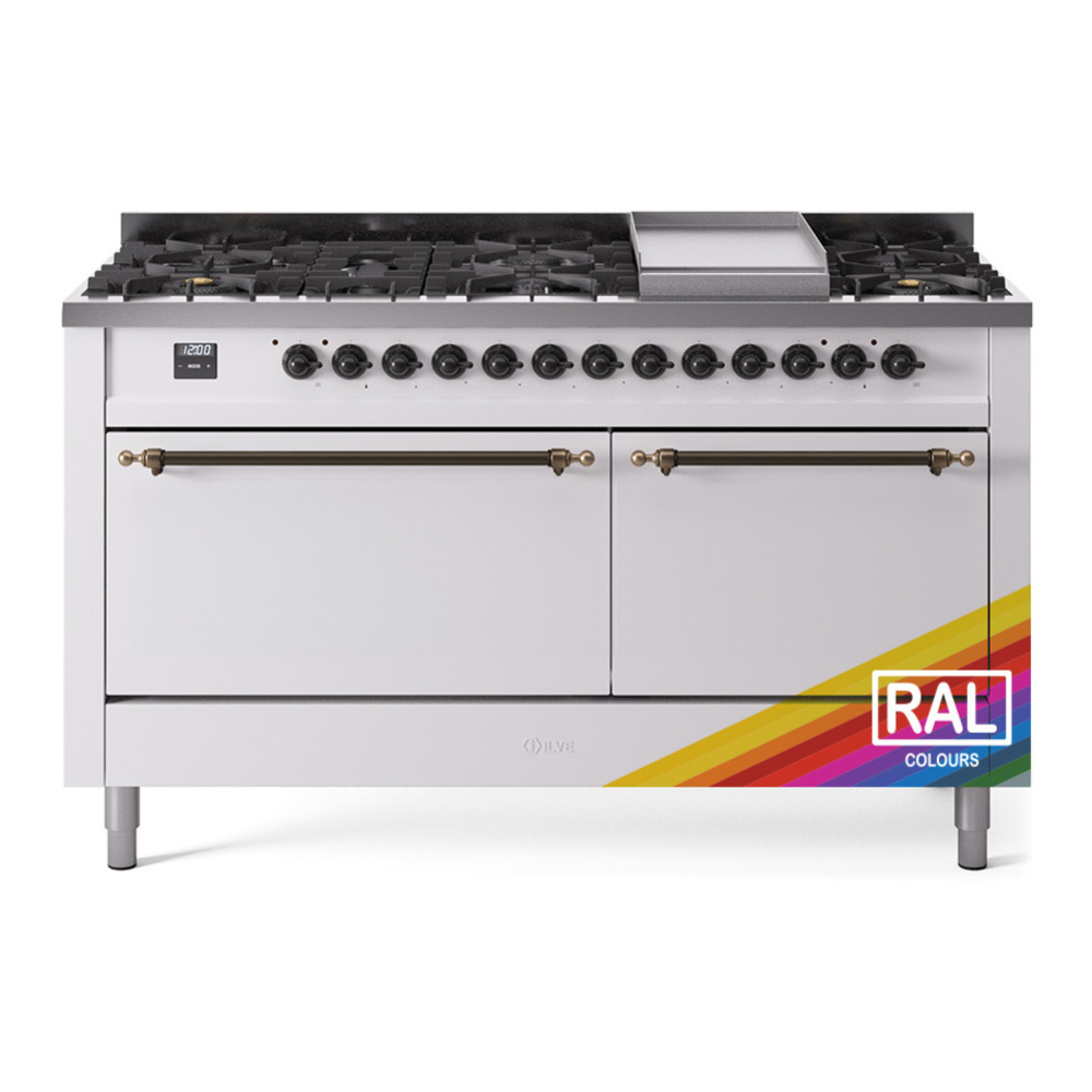 ILVE UP60FQNMPRAB Nostalgie II 60 inch Dual Fuel Range with 5.8 cu. ft. Total Double Oven Capacity (9 Sealed Burners + Griddle, Natural Gas, Solid Door, RAL, Burnished) 1 UP60FQNMPRAB