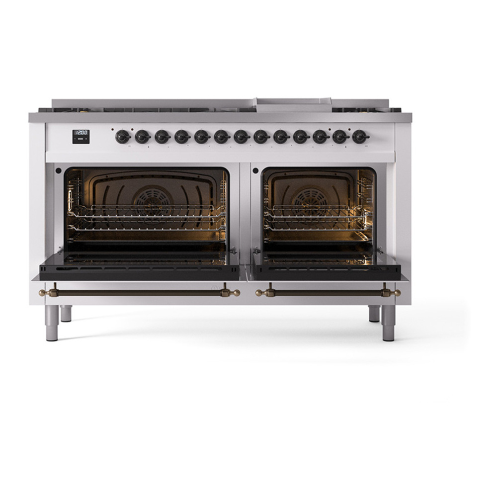 ILVE UP60FQNMPRAB Nostalgie II 60 inch Dual Fuel Range with 5.8 cu. ft. Total Double Oven Capacity (9 Sealed Burners + Griddle, Natural Gas, Solid Door, RAL, Burnished) 5 ILVE_UP60FQNMPRAB_Nostalgie_II_Dual_Fuel_Range_oven_door_opened