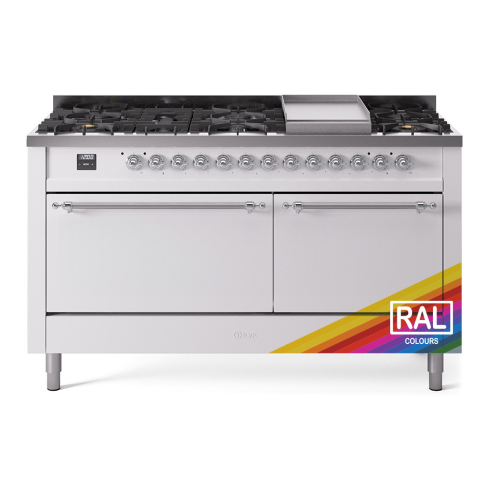 ILVE UP60FQNMPRACLP Nostalgie II 60 inch Dual Fuel Range with 5.8 cu. ft. Total Double Oven Capacity (9 Sealed Burners + Griddle, Liquid Propane, Solid Door, RAL, Chrome) 1 UP60FQNMPRACLP