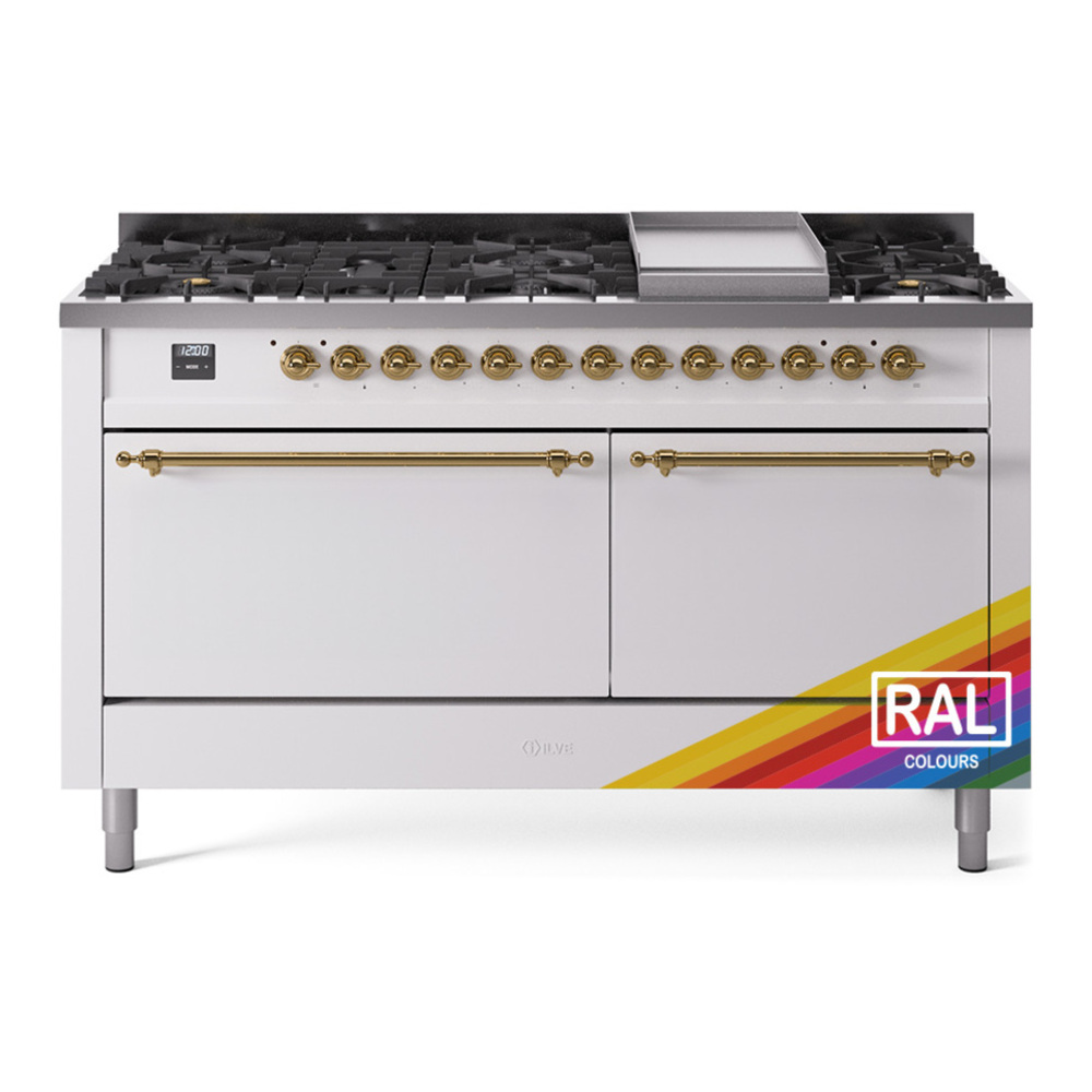 ILVE UP60FQNMPRAGLP Nostalgie II 60 inch Dual Fuel Range with 5.8 cu. ft. Total Double Oven Capacity (9 Sealed Burners + Griddle, Liquid Propane, Solid Door, RAL, Brass) 1 UP60FQNMPRAGLP