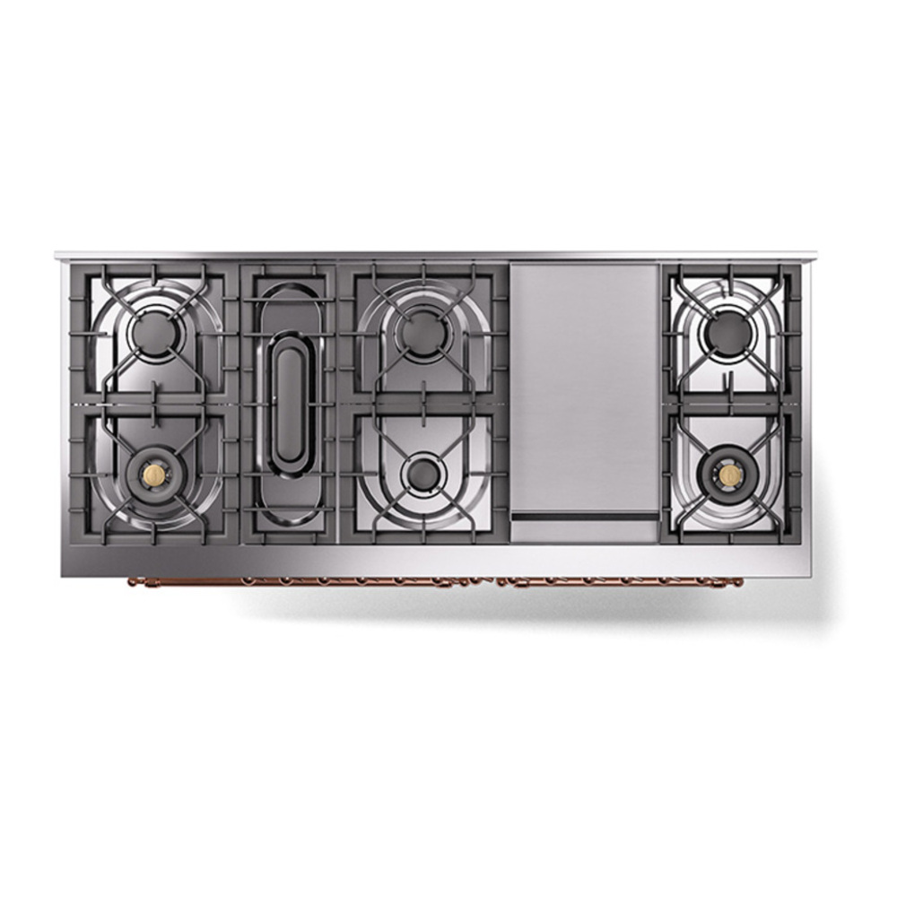 ILVE UP60FQNMPRAP Nostalgie II 60 inch Dual Fuel Range with 5.8 cu. ft. Total Double Oven Capacity (9 Sealed Burners + Griddle, Natural Gas, Solid Door, RAL, Copper) 6 ILVE_UP60FQNMPRAP_Nostalgie_II_top_view